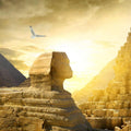 The Sphinx and a pyramid in the background, bathed in golden sunset light, representing sphinx connections.