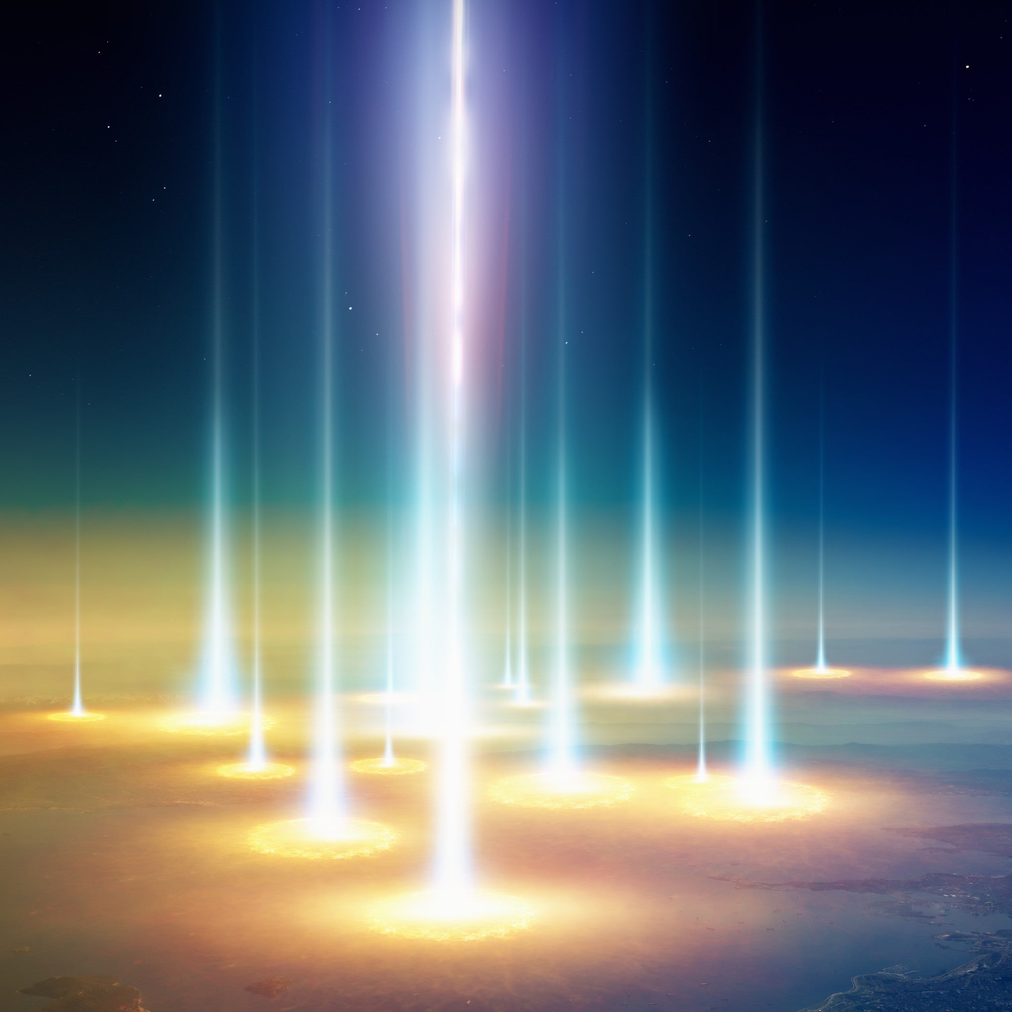Multiple bright, vertical beams of ethereal light streaming down onto the planet's surface, representing star race connections.
