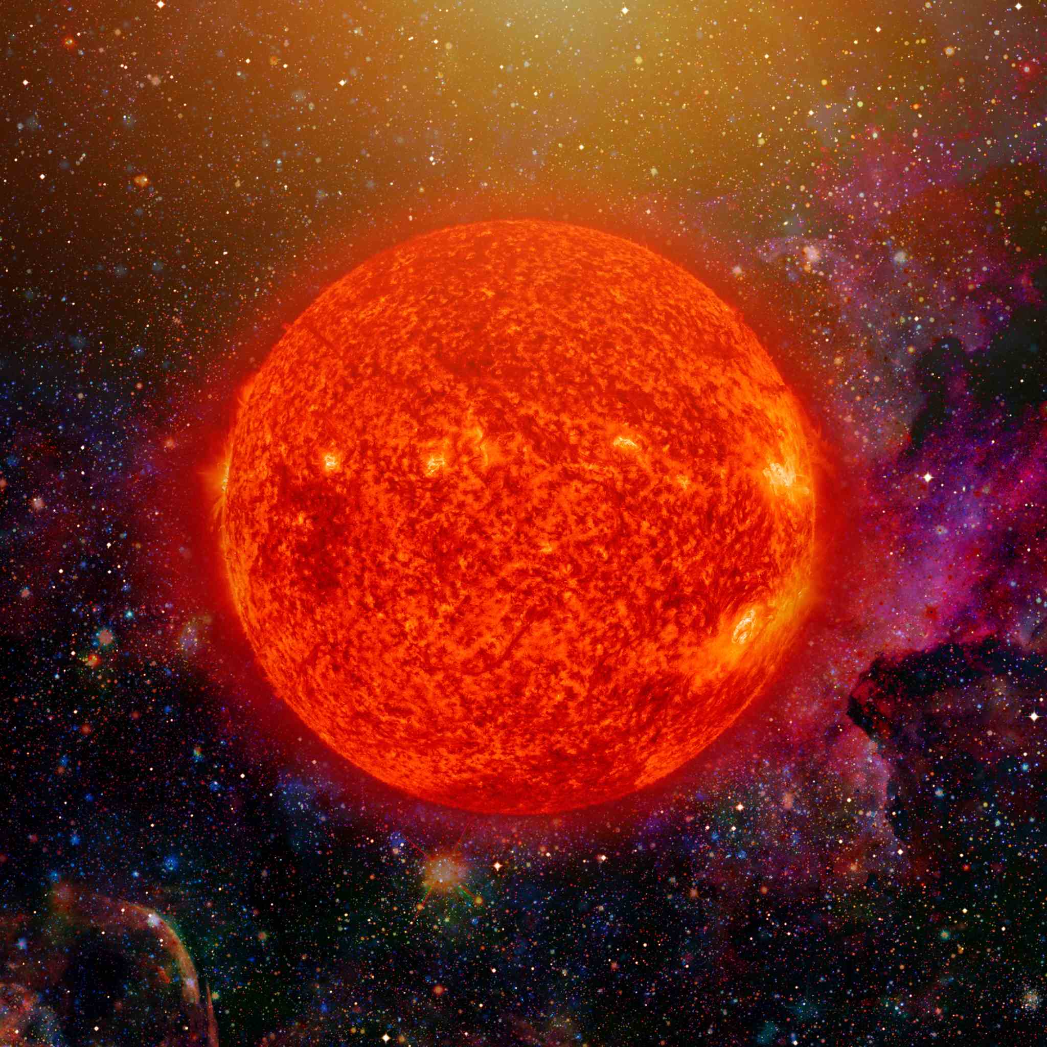 A huge, fiery red Sun floating in a colourful, starry galaxy, representing the powerful energy of sun connections.