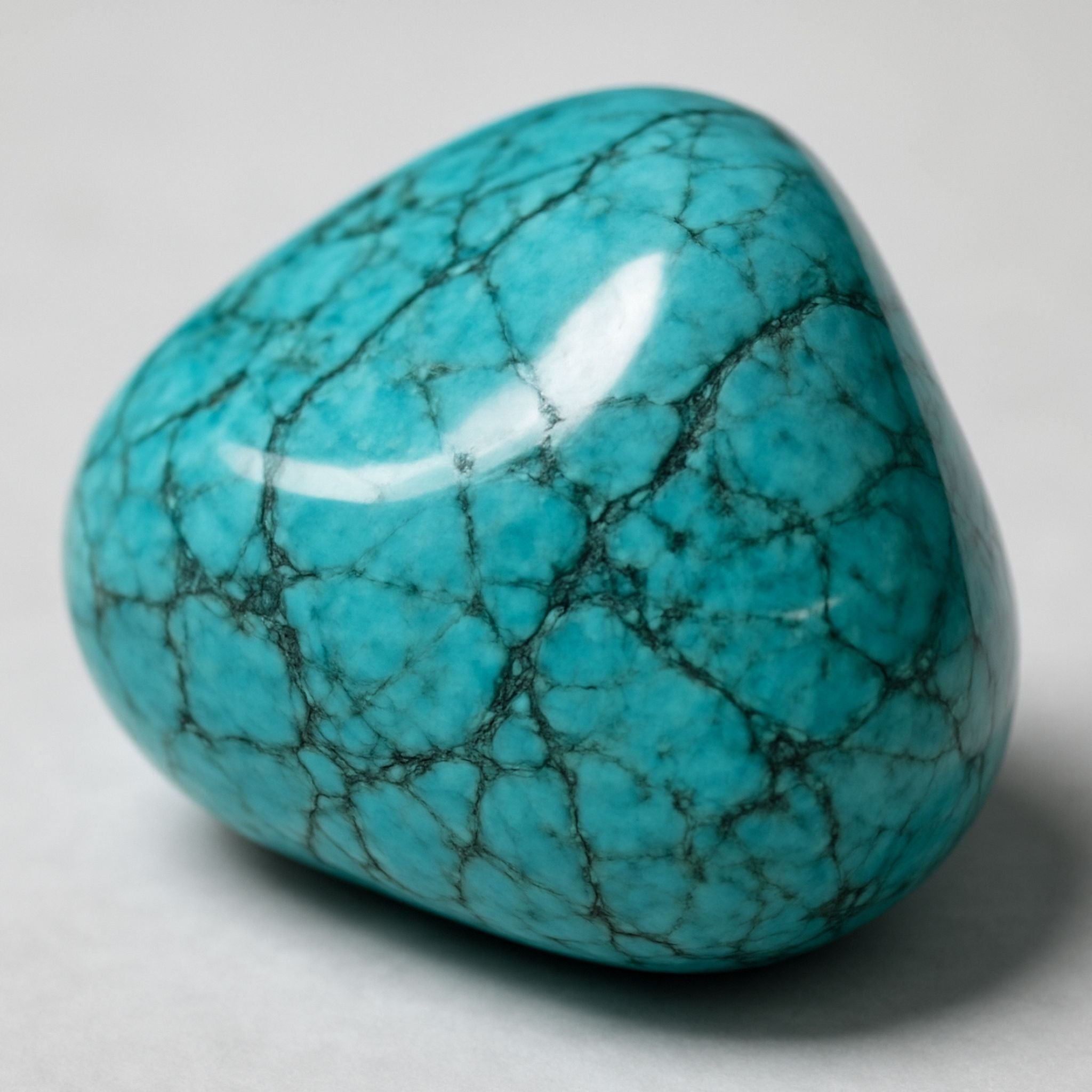 A close-up of a Turquoise gemstone with dark webbing on a grey background.