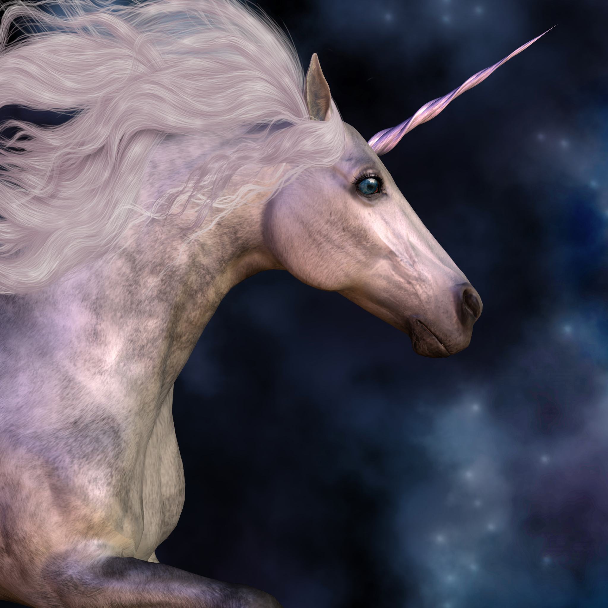 A close-up digital painting of a beautiful white unicorn with a silver-pink, spiralled horn and flowing lavender-tinted mane and tail. The image is set against a dark, starry blue background, symbolising spiritual connections.
