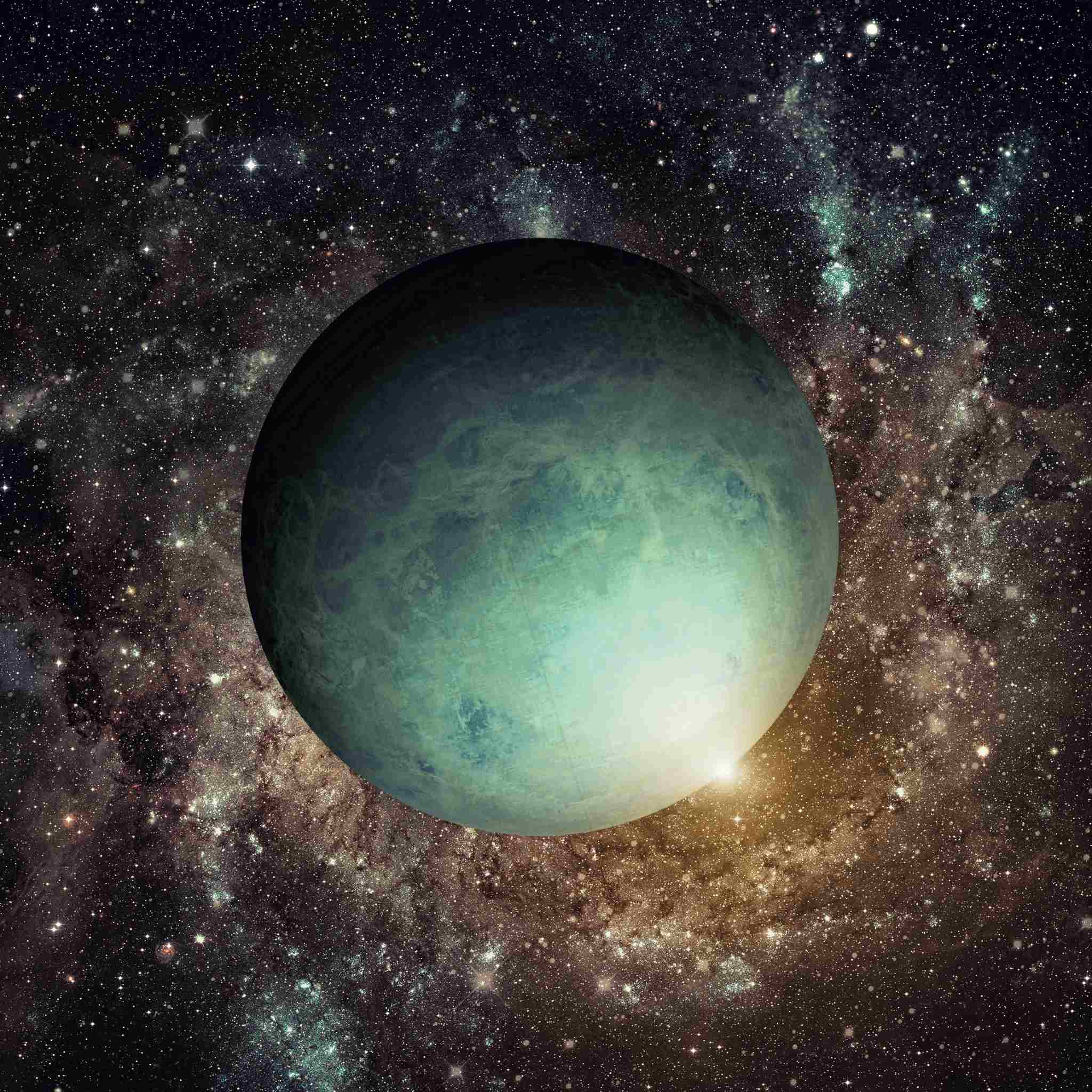 A depiction of the planet Uranus, appearing green and blue against a starry galaxy, representing Uranus connections.