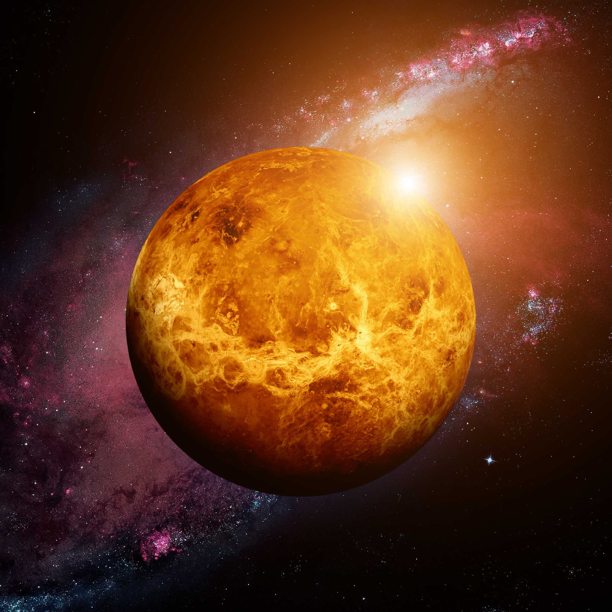 A fiery orange and yellow depiction of the planet Venus, set against a starry galaxy, representing Venus connections.