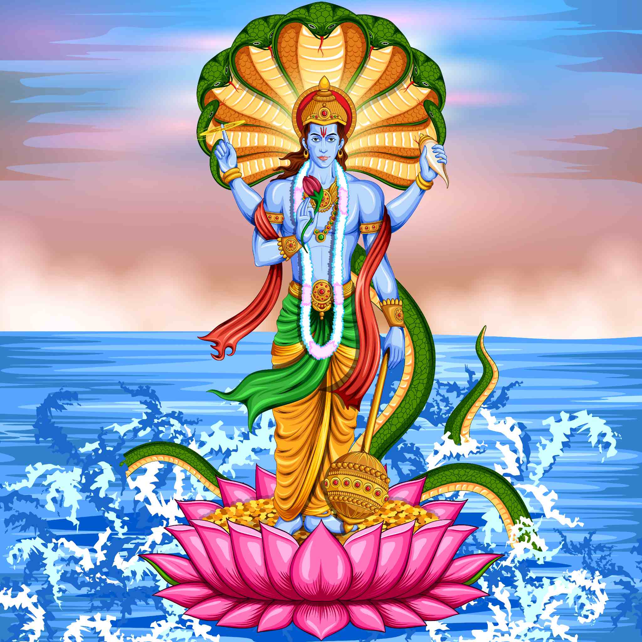 Colourful Hindu illustration of the four-armed God Vishnu standing on a lotus.