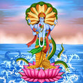 Colourful Hindu illustration of the four-armed God Vishnu standing on a lotus.