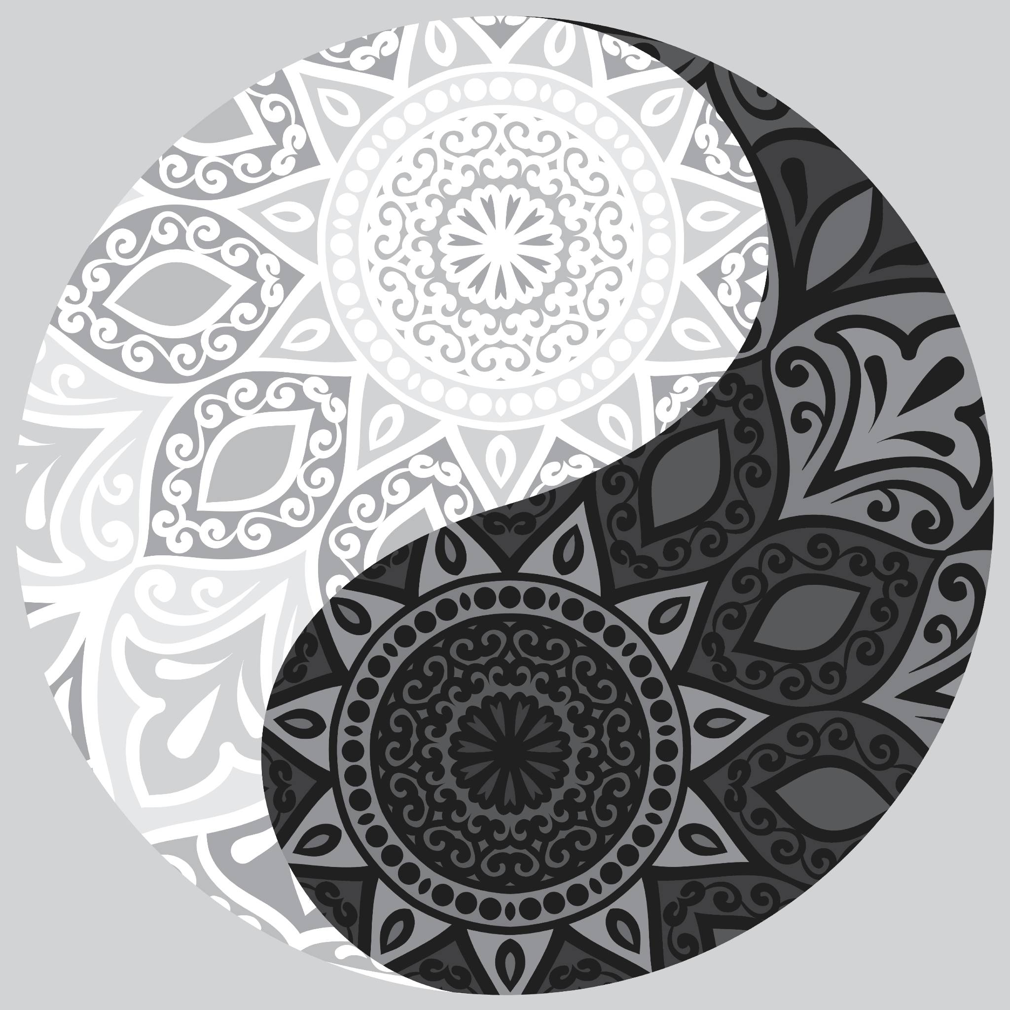 A detailed, monochrome illustration of a decorative Yin-Yang symbol. The white section and the black section are filled with intricate mandala-style floral and geometric patterns, with varying shades of white and grey within the white half, and shades of black and dark grey within the dark half, representing the balance of the Yin-Yang connections.