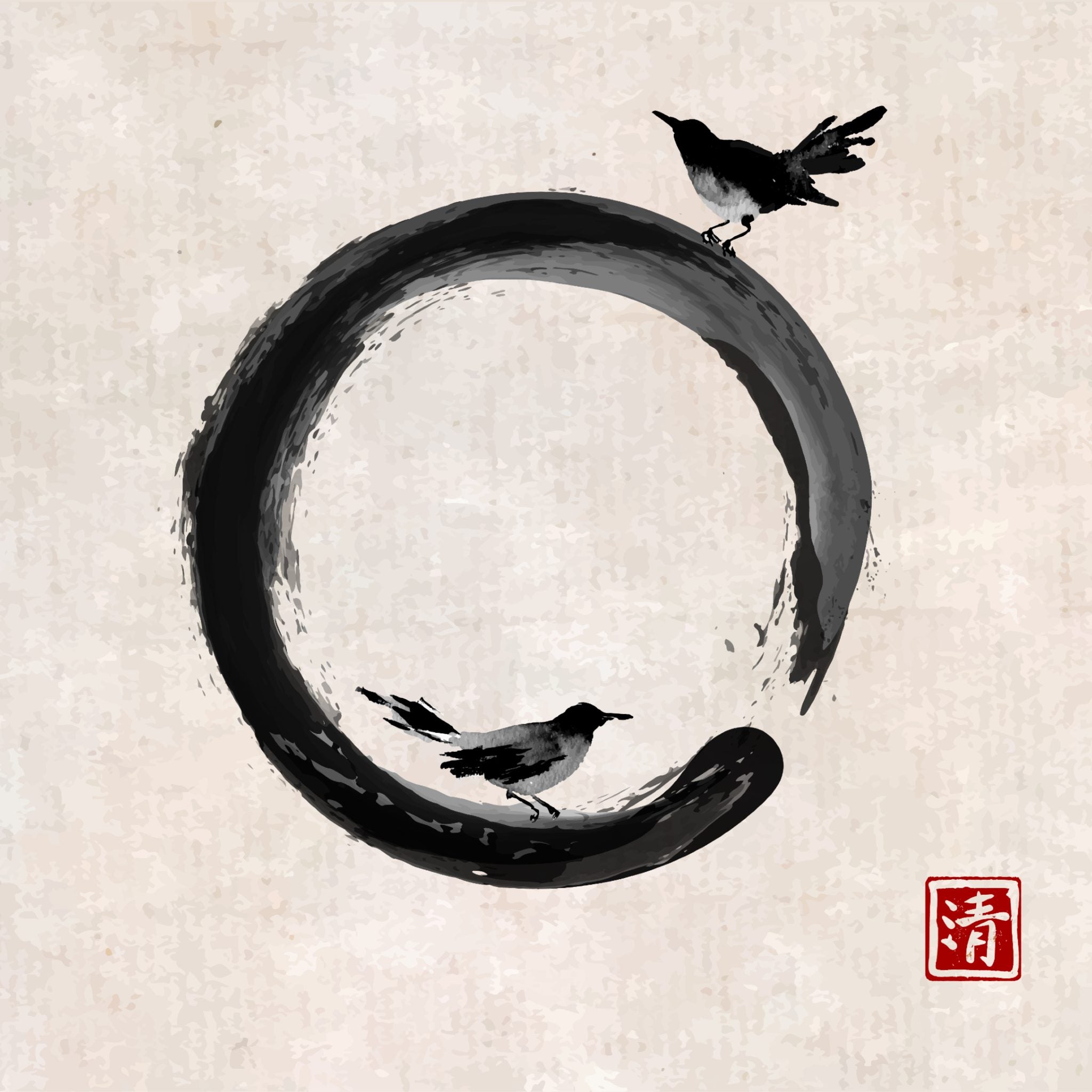 A black ink painting of an Enso circle, an open circle with a space, with two small black birds perched on the circle, representing Zen connections.
