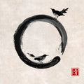 A black ink painting of an Enso circle, an open circle with a space, with two small black birds perched on the circle, representing Zen connections.