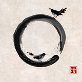 A black ink painting of an Enso circle, an open circle with a space, with two small black birds perched on the circle, representing Zen connections.