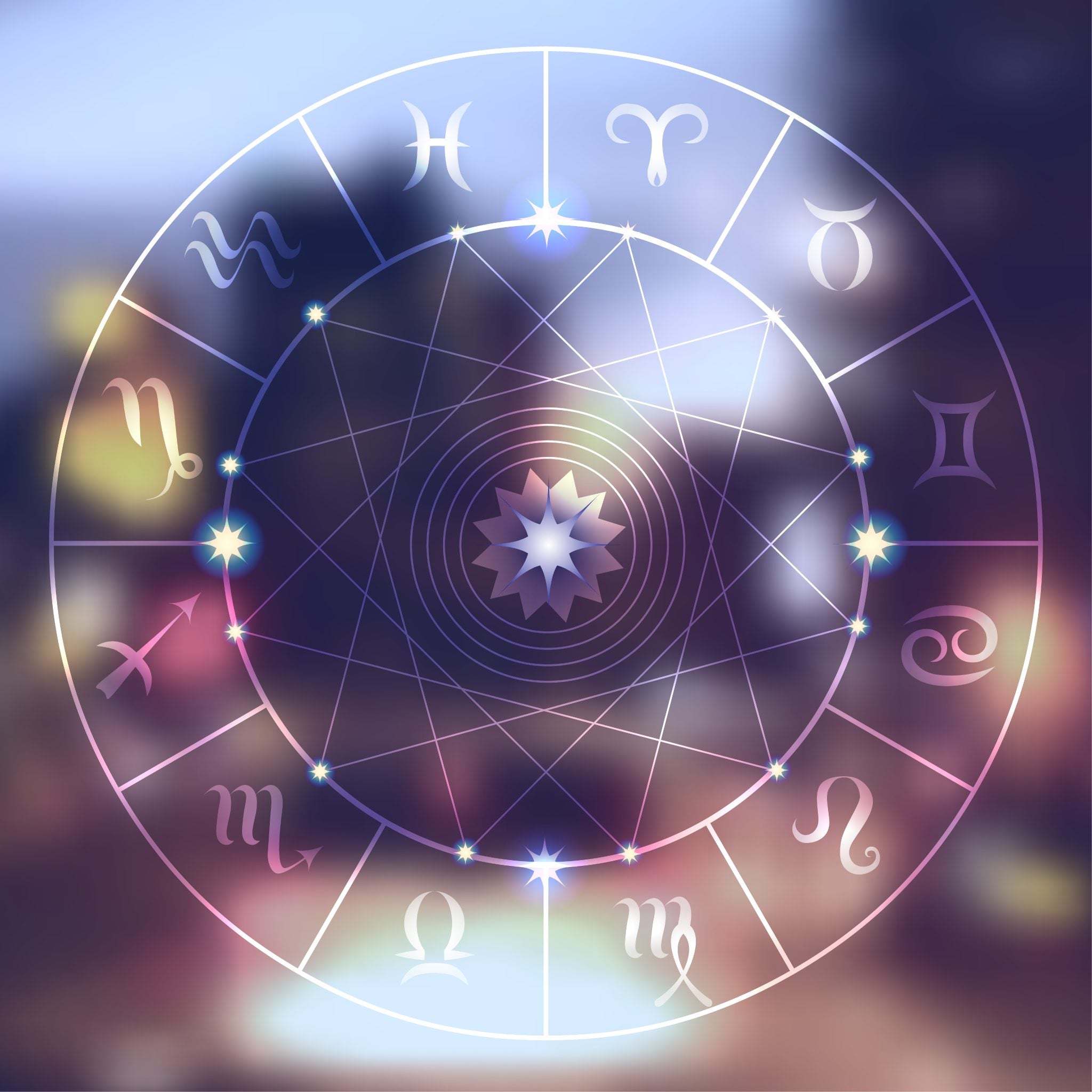 A glowing white Zodiac wheel with all twelve astrological signs, representing zodiac connections.