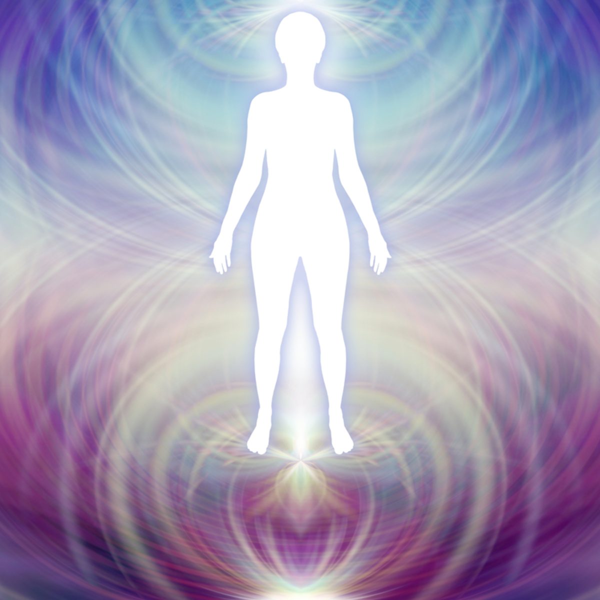 Silhouette of a person with a colourful, swirling activated Earth Star Chakra.