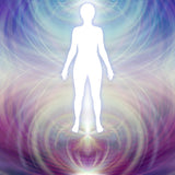 Silhouette of a person with a colourful, swirling activated Earth Star Chakra.