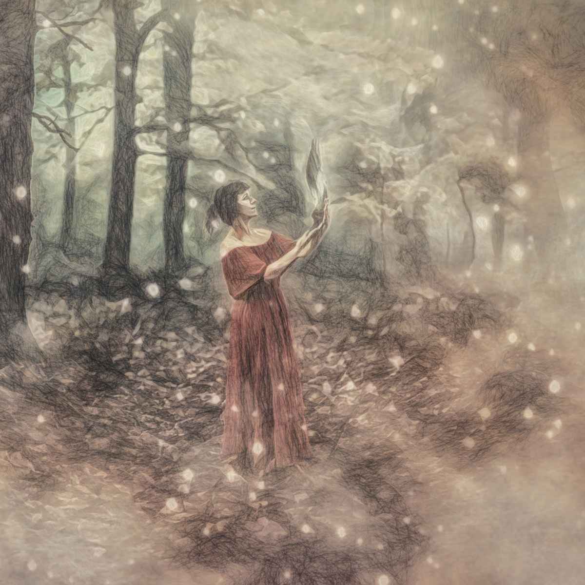 Sketch illustration of a woman in a long dress standing in a mystical forest, holding a glowing flame in her hands amid floating light orbs.