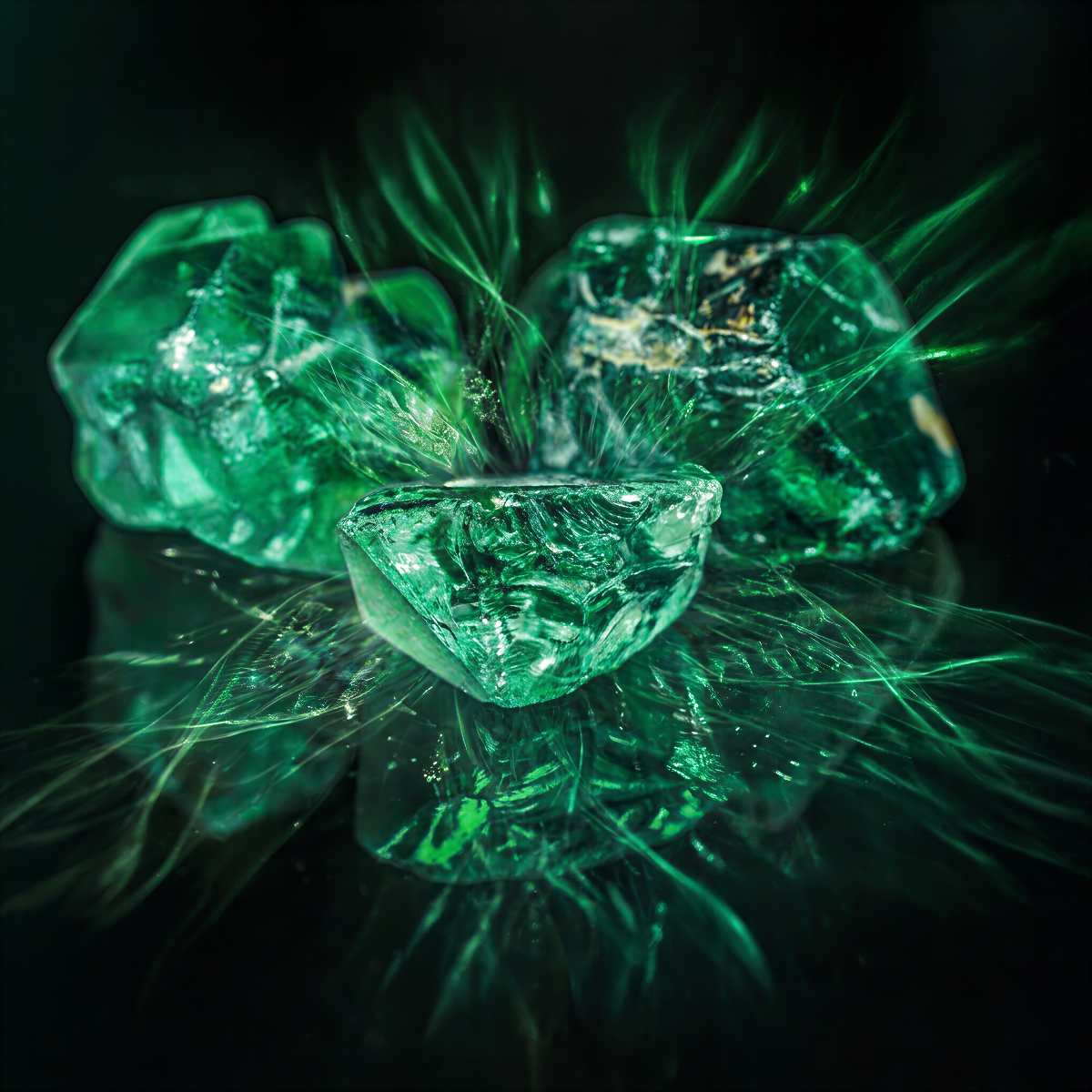 Emerald crystals with radiating energy for healing and manifestation on a black background.