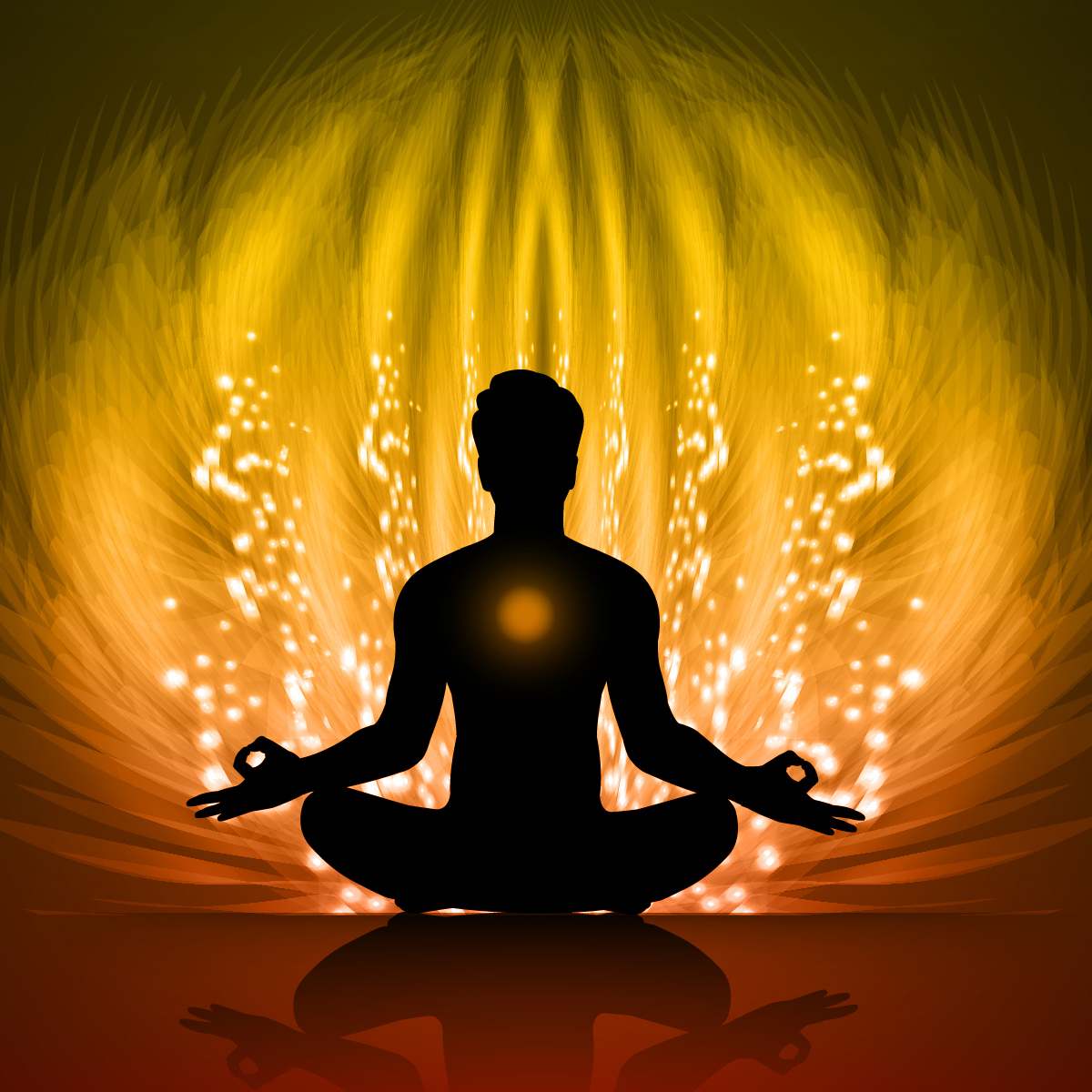 Dark meditating silhouette set against a vibrant yellow and orange energy field with glowing light rays and sparks.