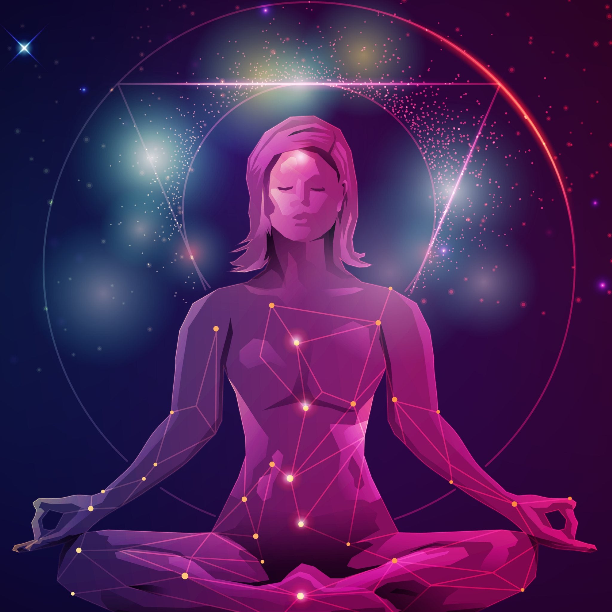 A futuristic, geometric figure sitting in a lotus position, with a constellation pattern overlaid on the body, surrounded by violet light and cosmic sacred geometry.
