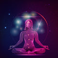 Woman in a meditative pose with geometric protection shapes and starry background.