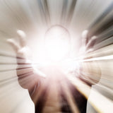 Abstract design with radial energy flows and a bright centre of light shining from a person.