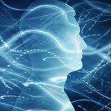 An abstract digital image featuring the silhouette of a human head and shoulders in profile, rendered in bright, translucent blue light. The figure is engulfed by swirling, interconnected blue and white light trails, visually representing a high level of energy flow.
