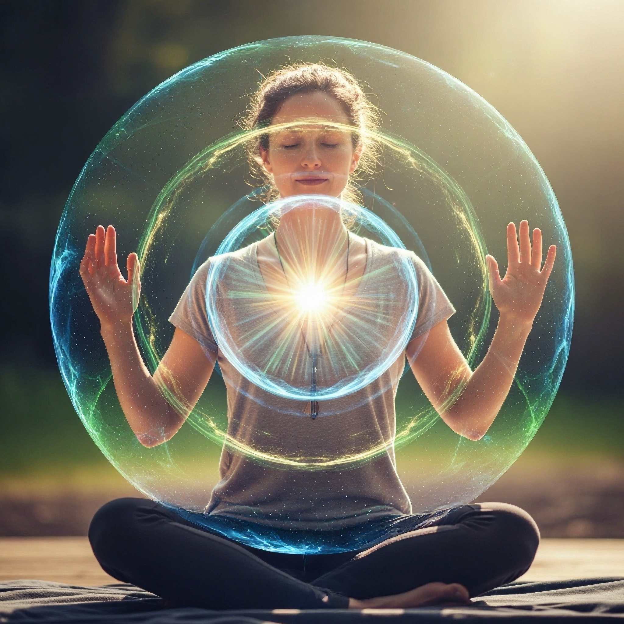 Person meditating with a glowing energy sphere around them, symbolising energy healing protection.