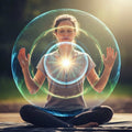 Person in meditation with a glowing energy sphere around them, outdoors.