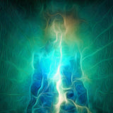 Abstract digital art of a figure silhouette with swirling energy and a glowing white central core.
