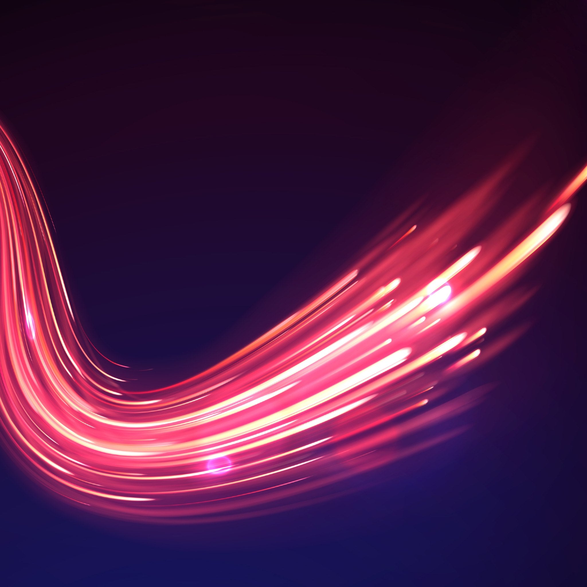 An abstract digital illustration featuring a sweeping curve of intensely bright red and pink light trails, moving across a dark, black and indigo background. The image, which suggests fast-moving energy, represents etheric cord purification.