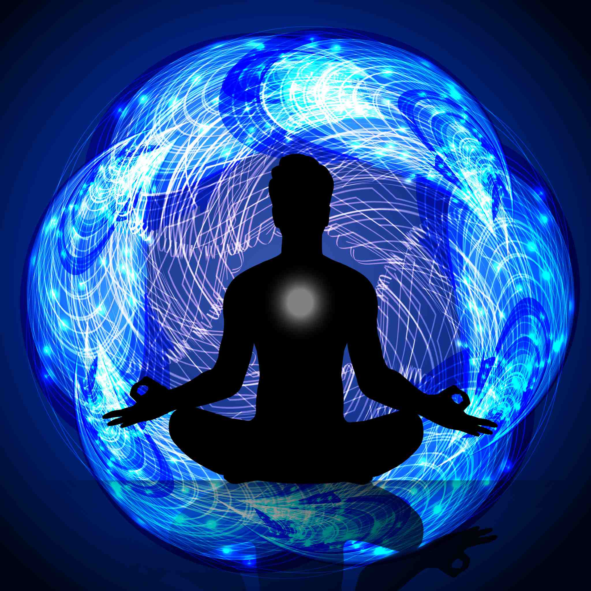 A digitally created image of a human silhouette sitting in the lotus meditation pose, enclosed within a large, glowing spherical field of brilliant, swirling blue and white light. A small, bright white orb glows at the figure's chest, symbolising etheric shielding.