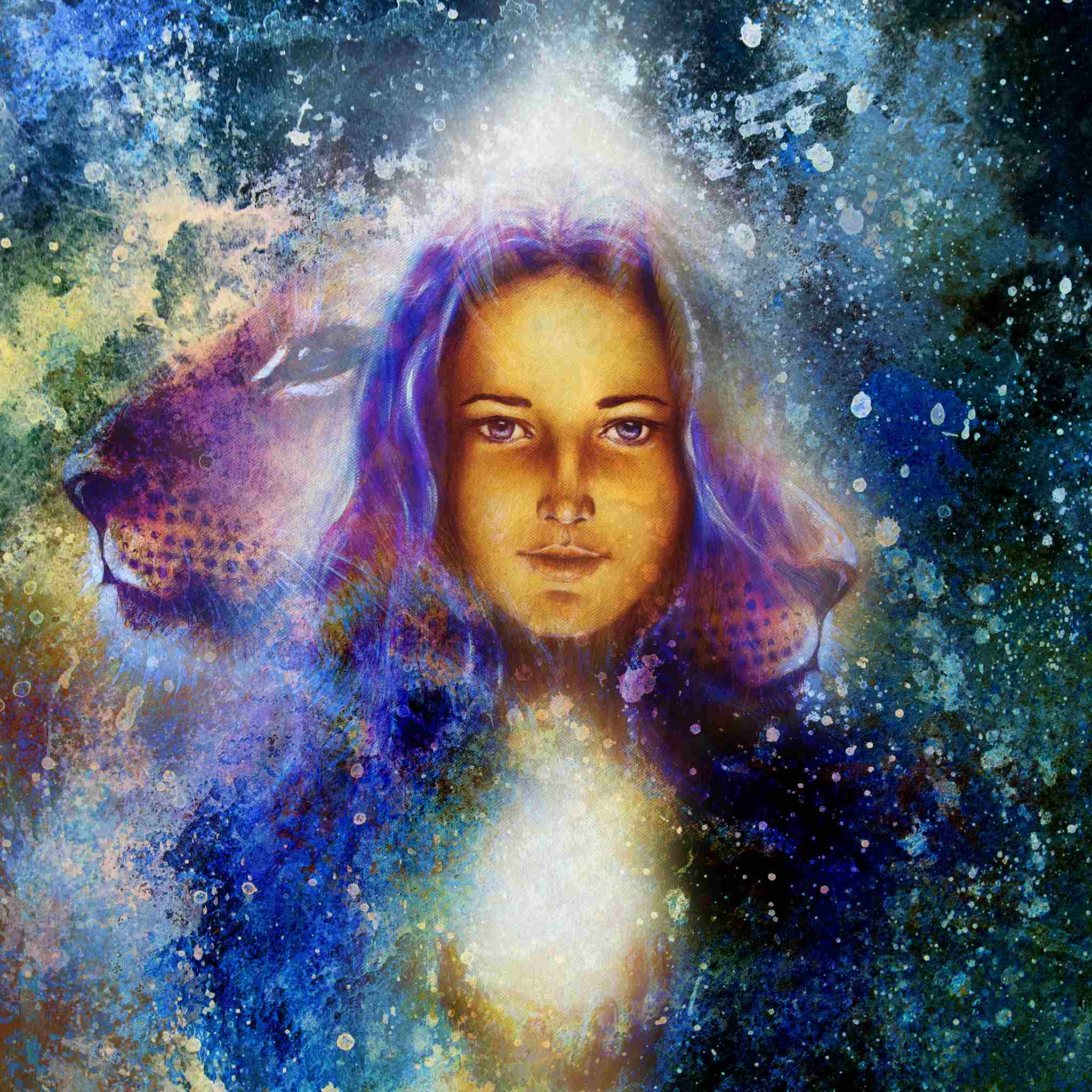 An ethereal painting of a woman with long purple hair and a lion's face superimposed, against a dark blue and gold starry background, representing goddess rite.