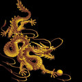 A vibrant digital illustration of a detailed, serpentine Chinese-style dragon rendered in bright, shimmering gold, coiling against a pure black background. The dragon is grasping a small gold sphere or pearl with one of its claws.