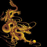 A vibrant digital illustration of a detailed, serpentine Chinese-style dragon rendered in bright, shimmering gold, coiling against a pure black background. The dragon is grasping a small gold sphere or pearl with one of its claws.