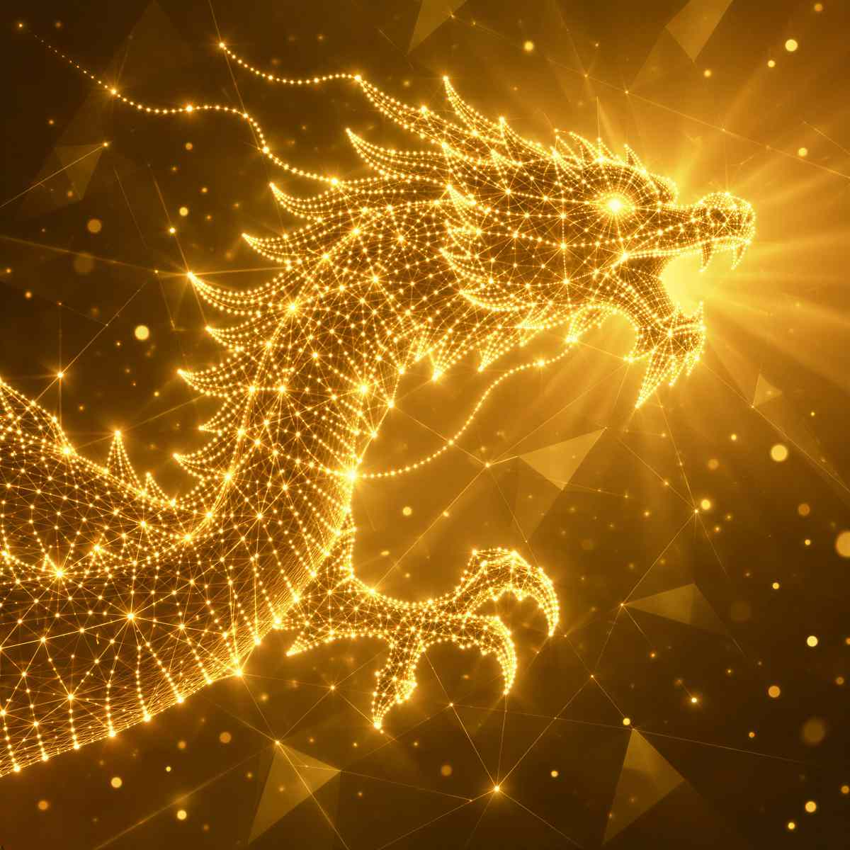 Glowing gold dragon rendered in bright, shimmering gold against a bright gold light shining background. 