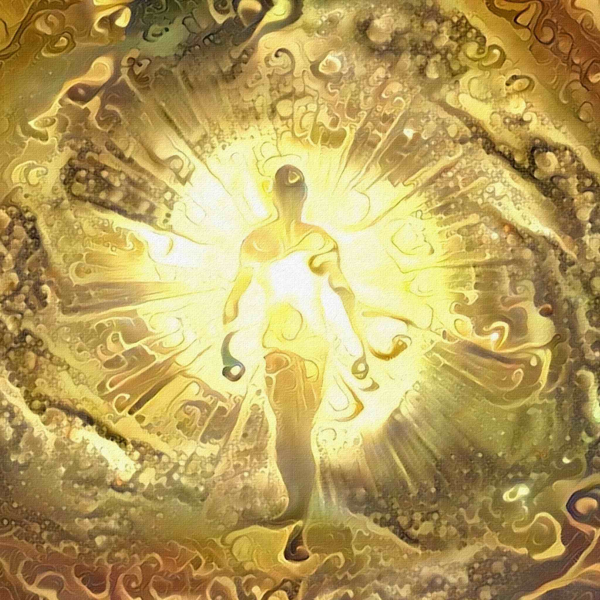 Decorative design with a central figure surrounded by bright gold, intricate patterns and glowing light.