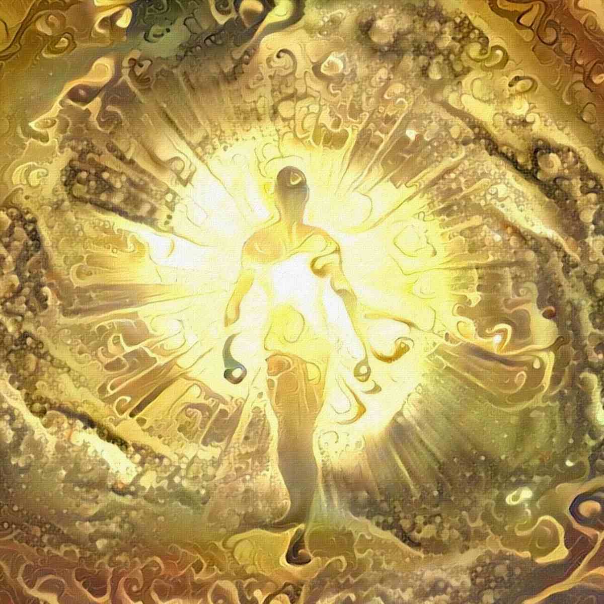 Decorative design with a central figure surrounded by bright gold, intricate patterns and glowing light.