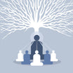A stylised illustration featuring a large white, bare, branching tree above a central dark figure sitting in meditation, who is radiating beams of light down onto a semicircle of smaller, alternating white and blue meditating figures, all against a light blue-grey background.