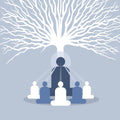 Silhouette of a central figure with people around, under a tree with branches reaching out, representing a guru path.