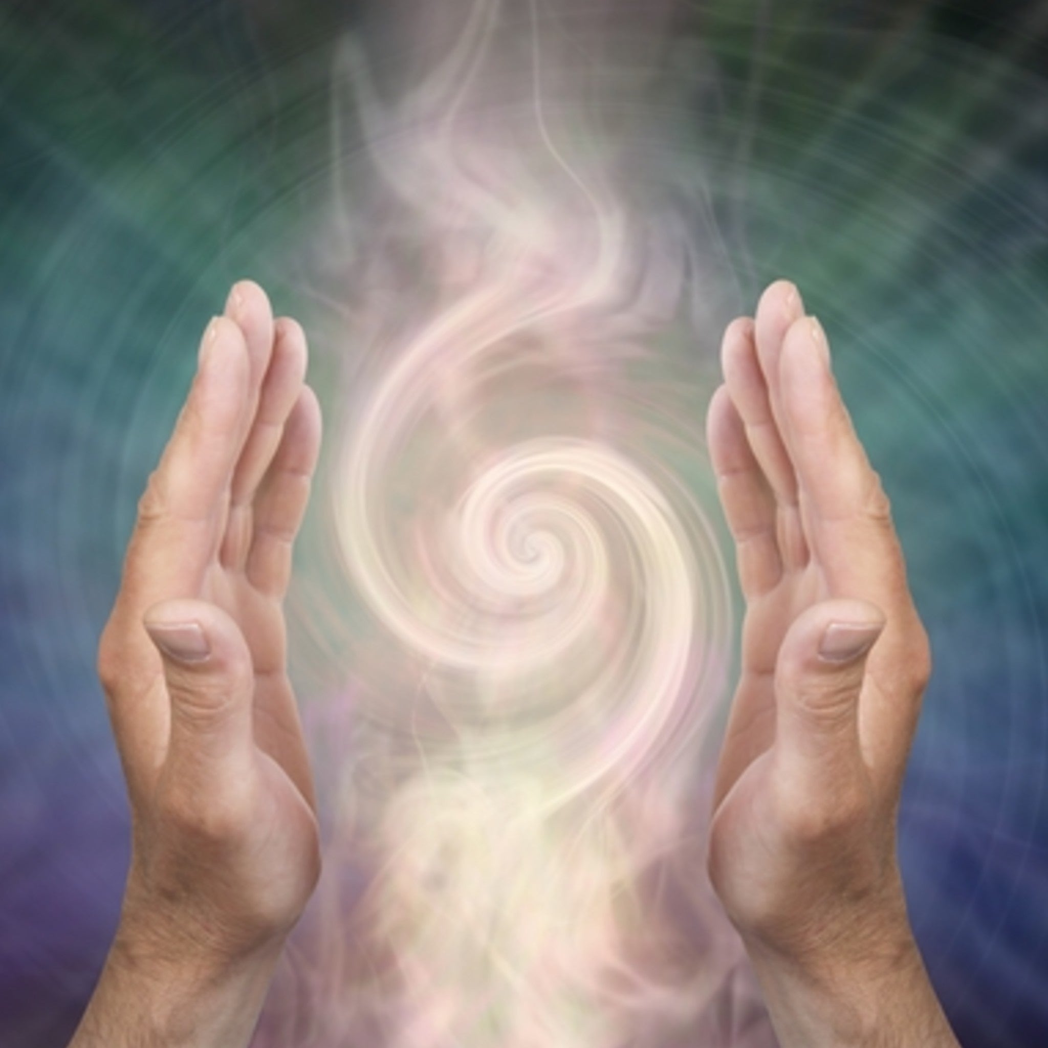 Two hands raised in a healing pose, framing a central vortex or column of swirling, pale pink and white energy against a multi-coloured background.