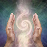 Two hands raised towards a swirling energy field with a multicoloured background.