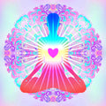 Colourful mandala design with a heart chakra in the centre on a gradient background.
