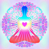 Colourful mandala design with a heart chakra in the centre on a gradient background.