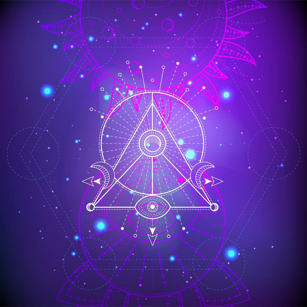 Intricate white geometric line art of a sacred pyramid with eye and moon symbols against a glowing purple sun and cosmic background.