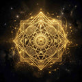 Decorative gold geometric design with abundance and celestial elements on a dark background.