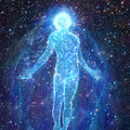 A full body silhouette of a human figure standing with arms slightly extended, composed entirely of brilliant blue, sparkling light and stars, glowing brightly against a dark, deep blue and purple cosmic background.
