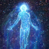 A full body silhouette of a human figure standing with arms slightly extended, composed entirely of brilliant blue, sparkling light and stars, glowing brightly against a dark, deep blue and purple cosmic background.