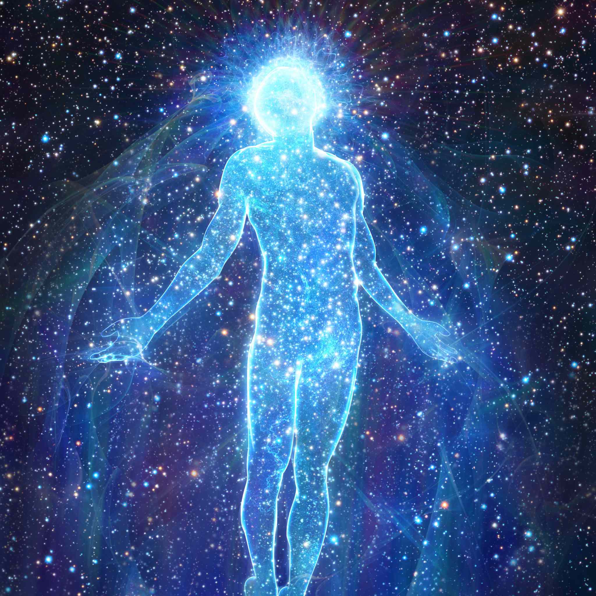 A full body silhouette of a human figure standing with arms slightly extended, composed entirely of brilliant blue, sparkling light and stars, glowing brightly against a dark, deep blue and purple cosmic background.