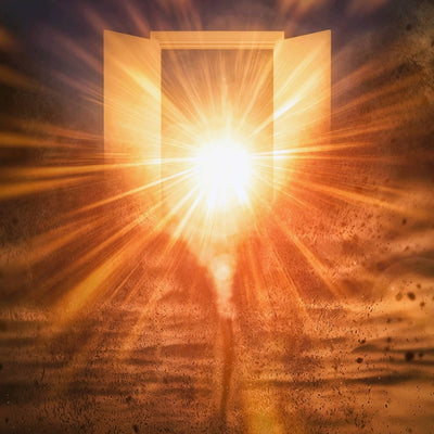 A digitally enhanced image showing an open doorway or portal, with intense, bright golden-orange light streaming outwards, creating dramatic light rays. The light is so intense it obscures the view beyond, symbolising the powerful connection achieved through the higher self.
