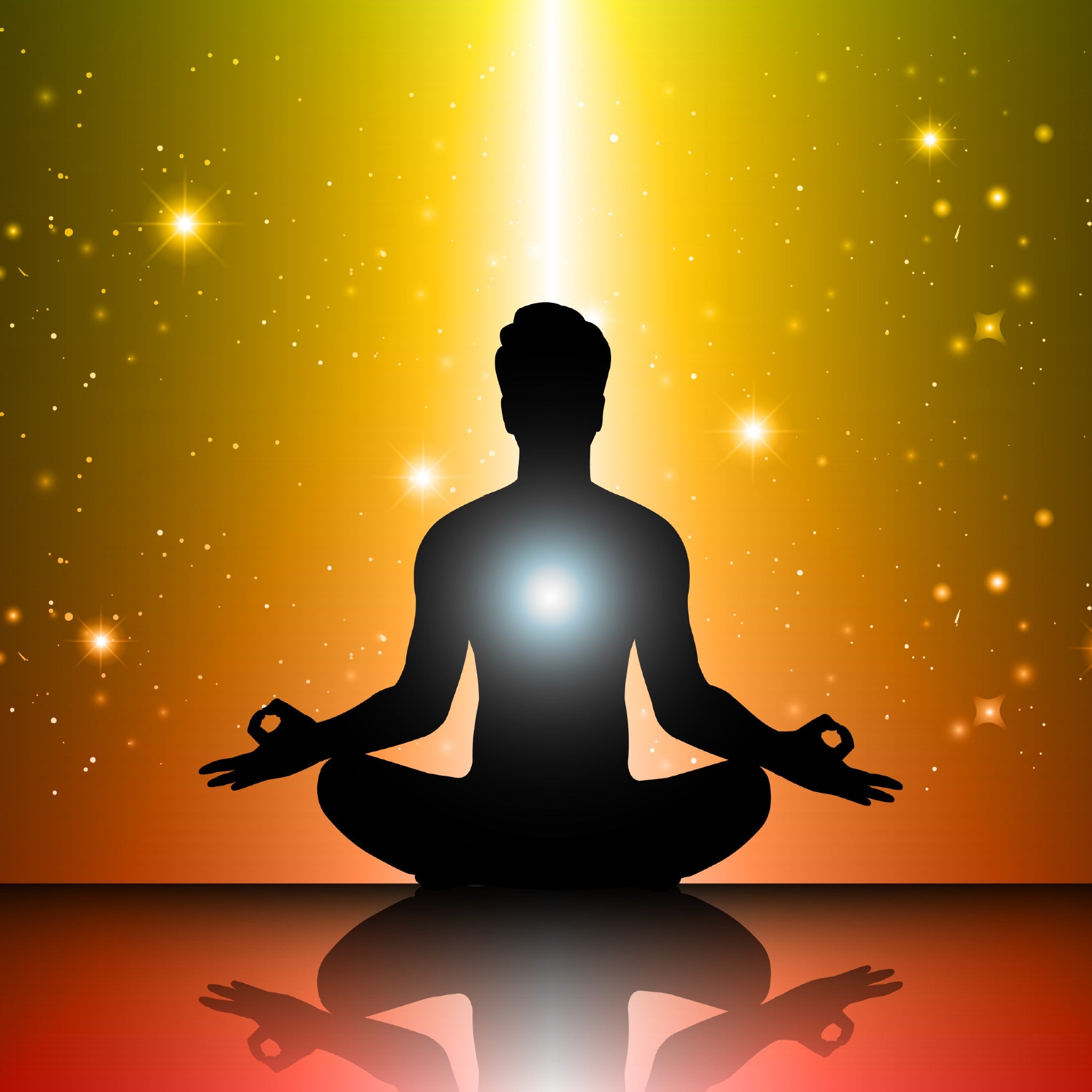 A meditating silhouette with a white glowing heart, beneath a vertical beam of yellow light against a starry, orange sky, representing the higher self rite.