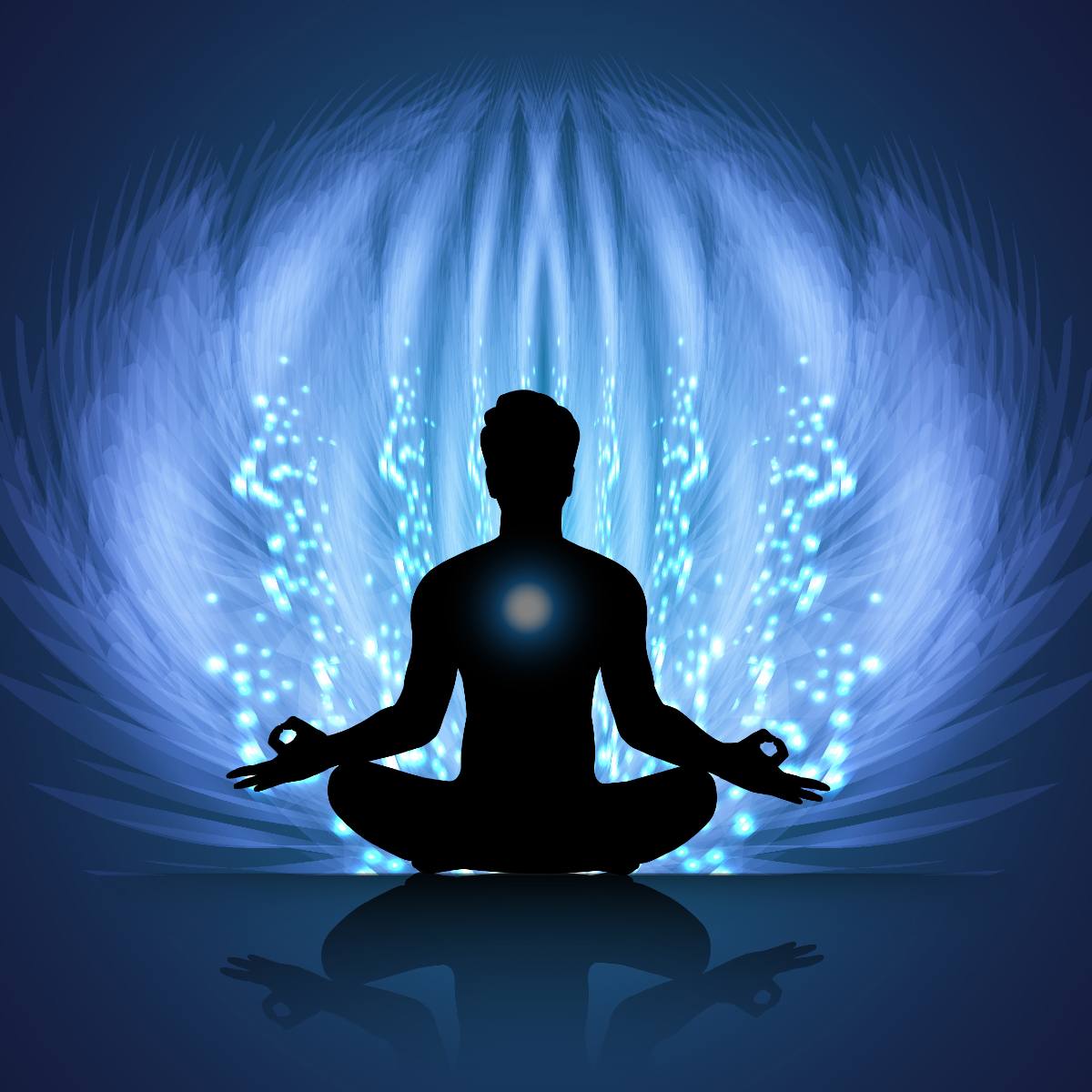 Person meditating with a glowing blue light symbolising the removal of energetic implants from the aura.