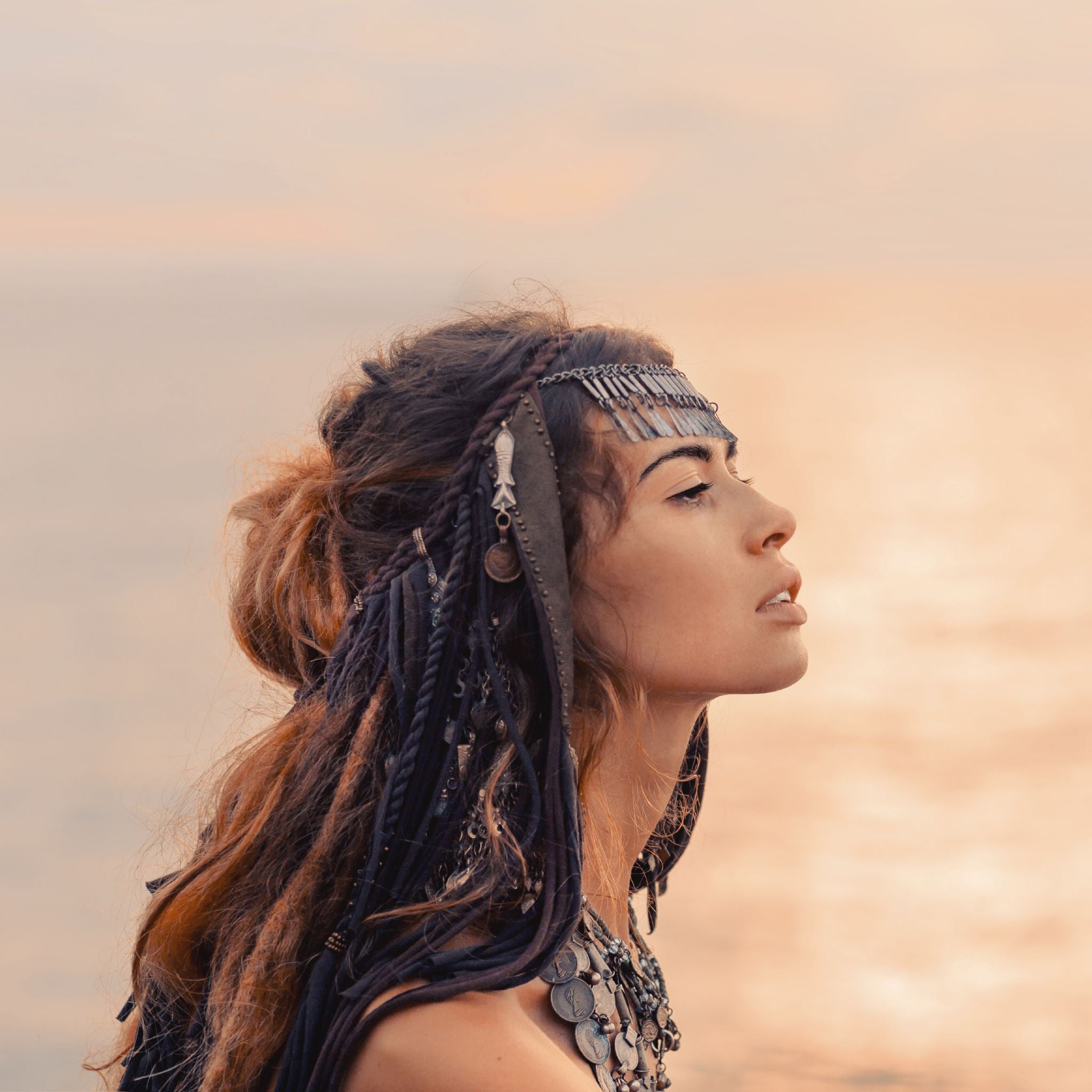 A close-up, side-profile portrait of a woman looking up towards the sky, wearing an elaborate silver and metal headpiece over a style of dark dreadlocks and braids. The image, which focuses on the feminine profile against a soft, sunlit background, symbolises an inner shamanic warrior.