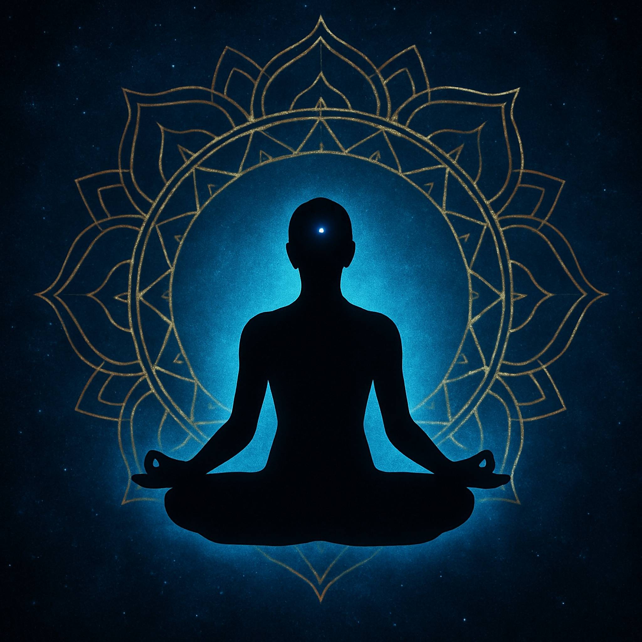 A black silhouette of a person meditating in a lotus pose, with a bright white light at their third eye, centred within a glowing blue circle and a golden floral/mandala outline, set against a dark blue, starry background.